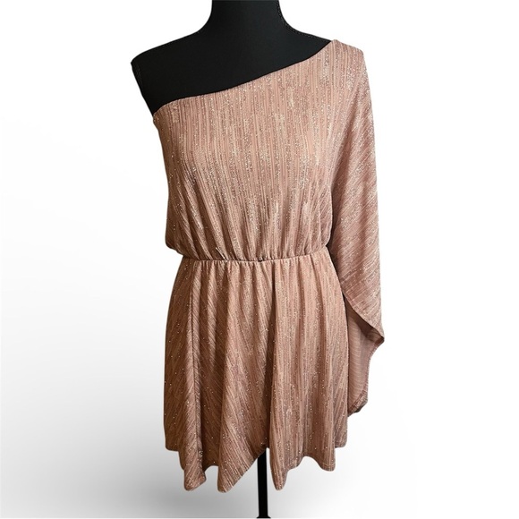 Pants Store Dresses & Skirts - Pants Store Dress Sz S Pink Glitter One Shoulder Sparkle Grecian Cocktail NWT